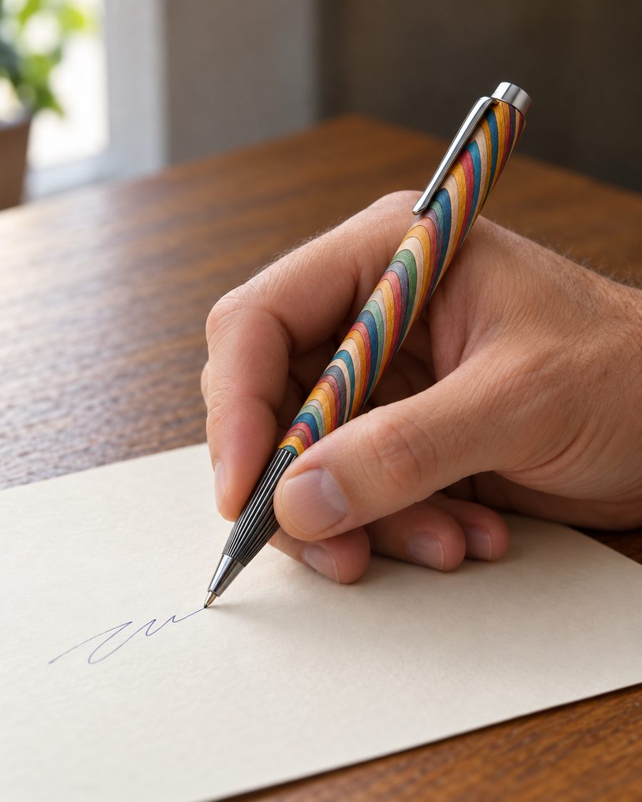 Una mano scrive su un foglio color crema con la penna a sfera in laminato multicolore