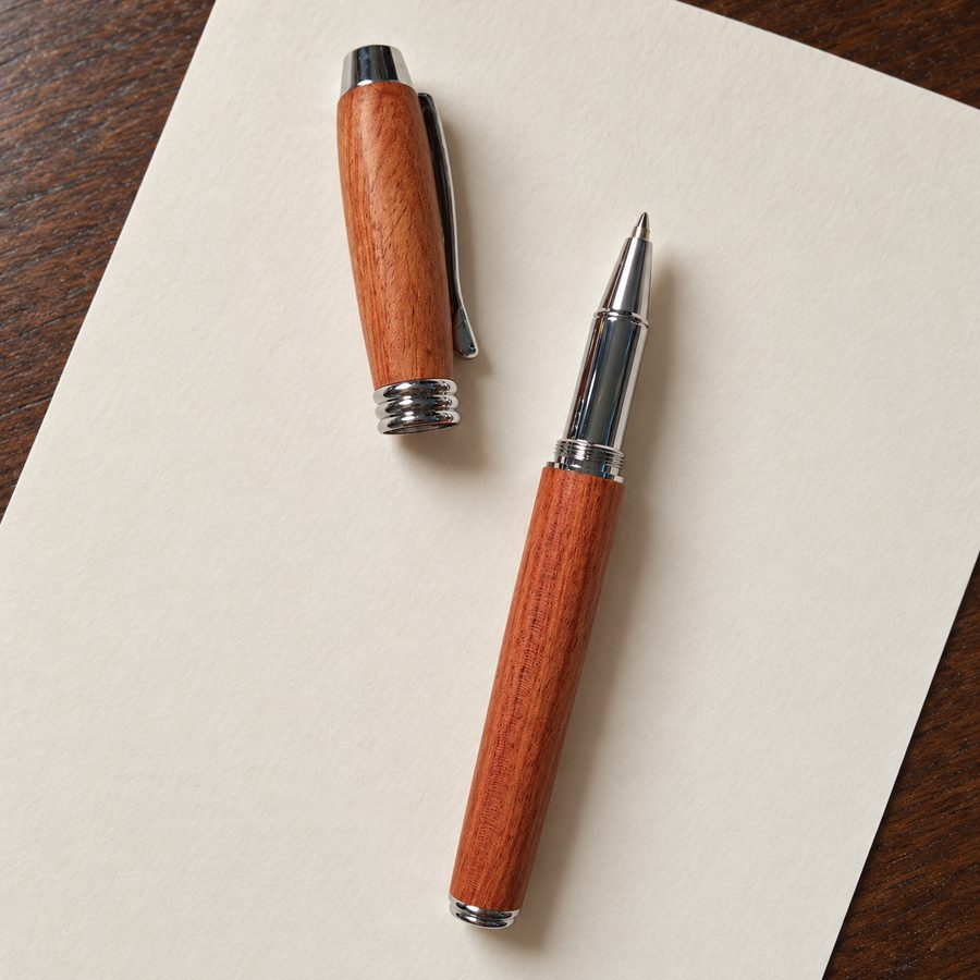 Penna roller in legno rosso con il cappuccio tolto, finiture cromate, su un foglio color crema sopra una scrivania scura