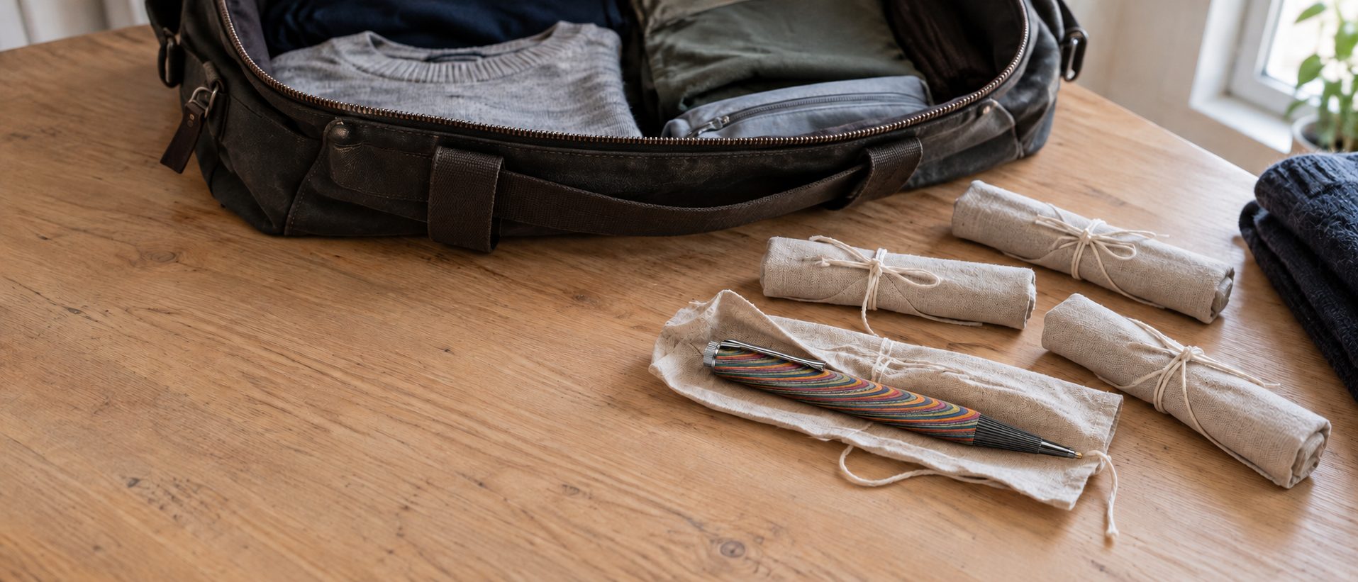 Una borsa da viaggio aperta su un tavolo di legno e alcune penne avvolte in rotoli di lino; una, in laminato multicolore, è già scoperta